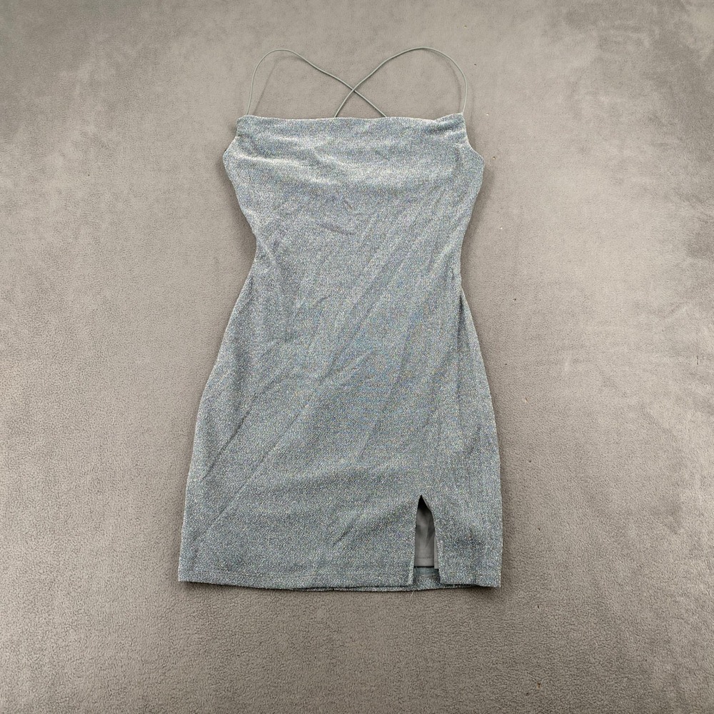 City Vibe Silver Metallic Cowl Neck Cross Back Mini Dress Small 7283-LM4A